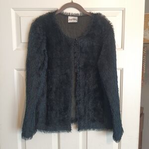 Vintage Green Black Joseph Ribkoff Novelty Fringe Cover-Up Cardigan Sweater